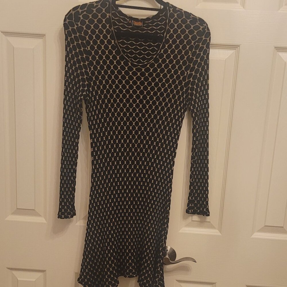 Tianello Dress Black and Beige Form Fitting with Sharkbite Hem Size M
